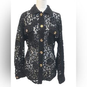 Merokeety Black Lace Collar Peek A Boo Button-Up  Hi Low Cardigan SZ Medium EUC